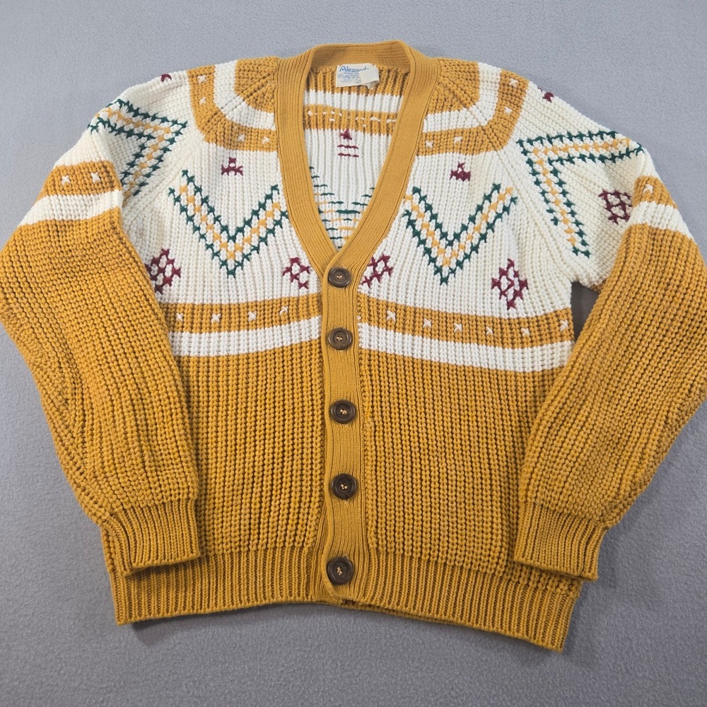 Alexander's Cardigan Sweater Mens XL Yellow White Fair Isle Chunky Knit Vintage